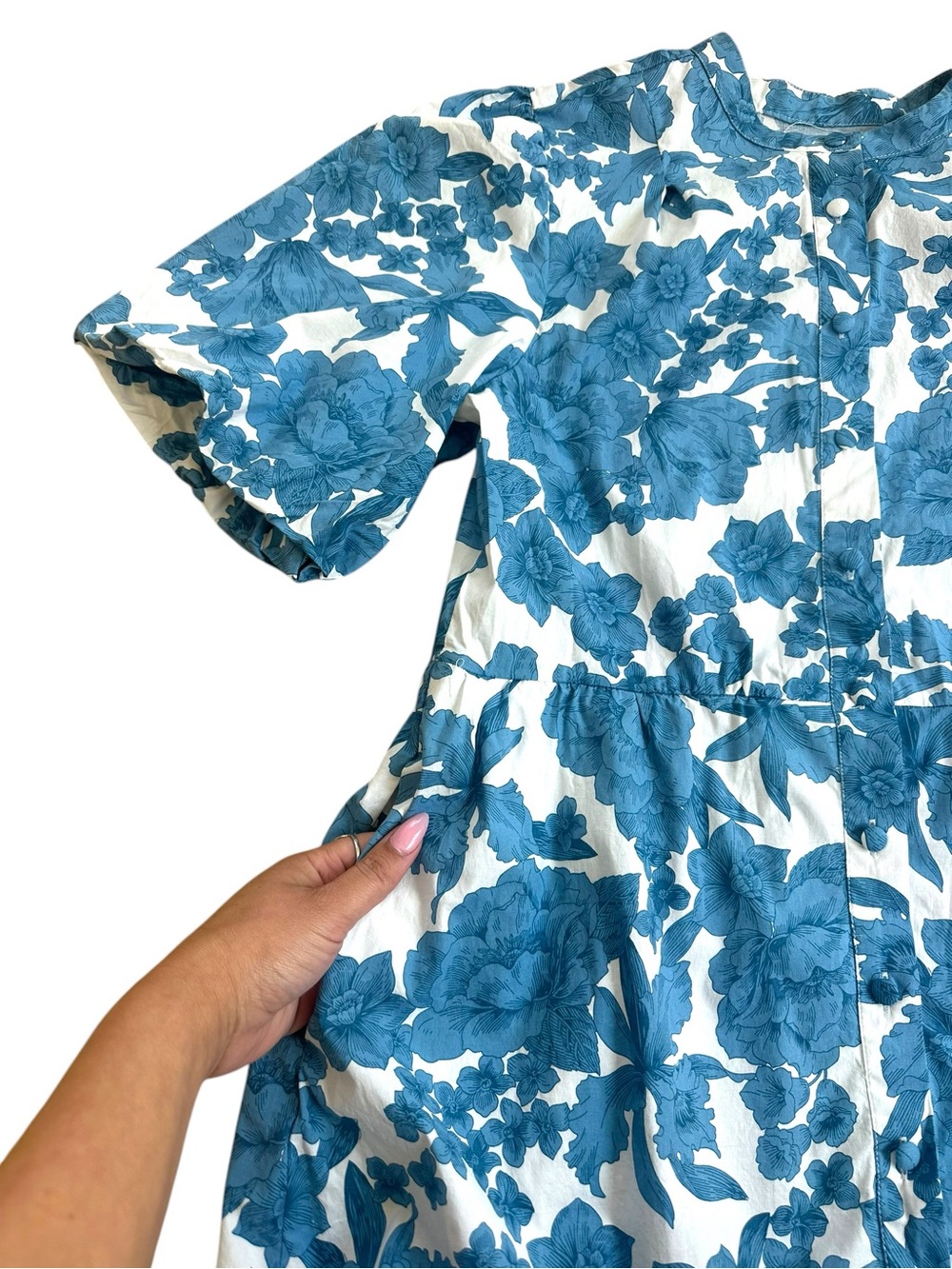 Joie Blue and White Floral Puff Sleeve Button Front Mini Dress - Picture 4 of 6